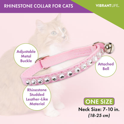 Pink Rhinestone Cat Collar, Neck Adjusts 7-10", Slide Buckle, Leather-Like Material, Shiny Bell