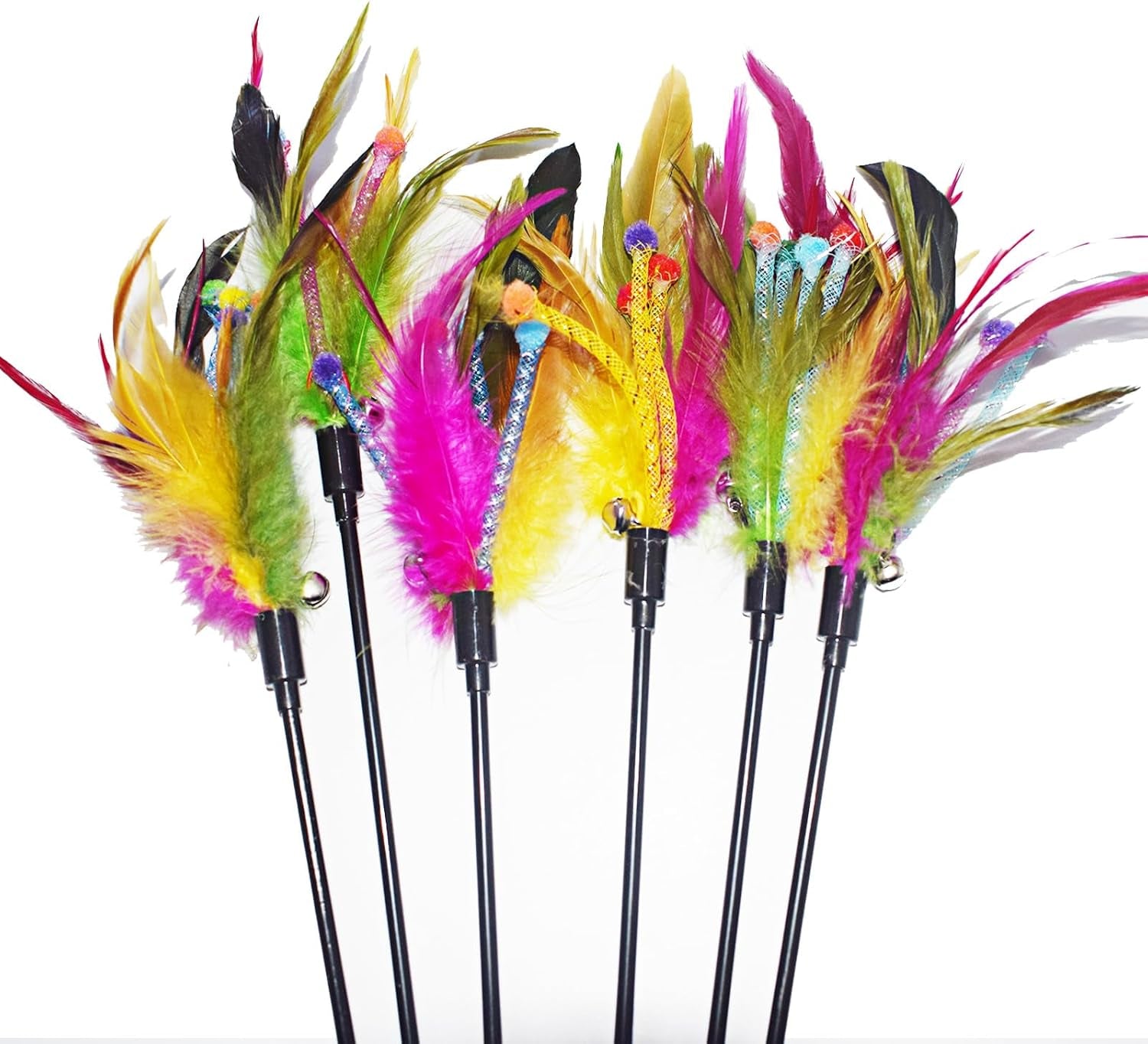 Cat Wand Toys, 6 PCS Interactive Cat Teaser Wand Cat Feather Wands with Loud Bell for Cat and Kitten