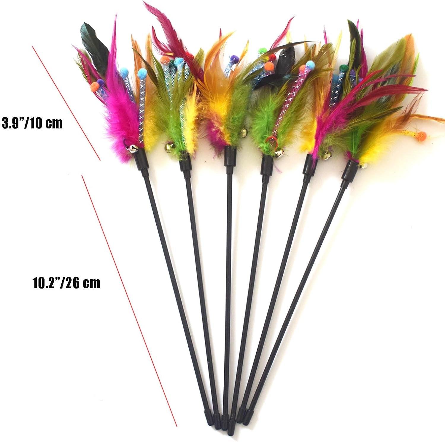 Cat Wand Toys, 6 PCS Interactive Cat Teaser Wand Cat Feather Wands with Loud Bell for Cat and Kitten