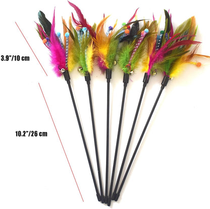 Cat Wand Toys, 6 PCS Interactive Cat Teaser Wand Cat Feather Wands with Loud Bell for Cat and Kitten