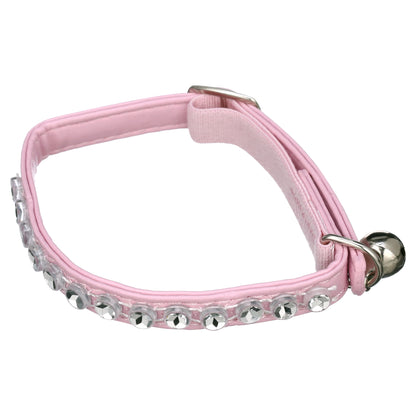 Pink Rhinestone Cat Collar, Neck Adjusts 7-10", Slide Buckle, Leather-Like Material, Shiny Bell